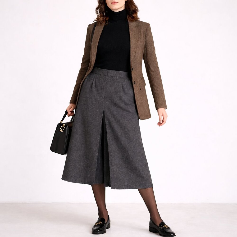 Dark Academia Virgin Wool Culottes Gray Pleated Gaucho Split Skirt Vintage | 14